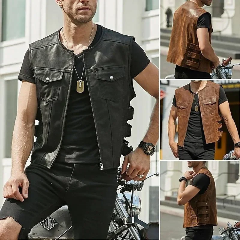 

2023 Vintage Brown Motorcycle Vests Men Zipper Pockets Leather Jacket All-match Sleeveless Men's Riding Vest Motor Biker Jackets