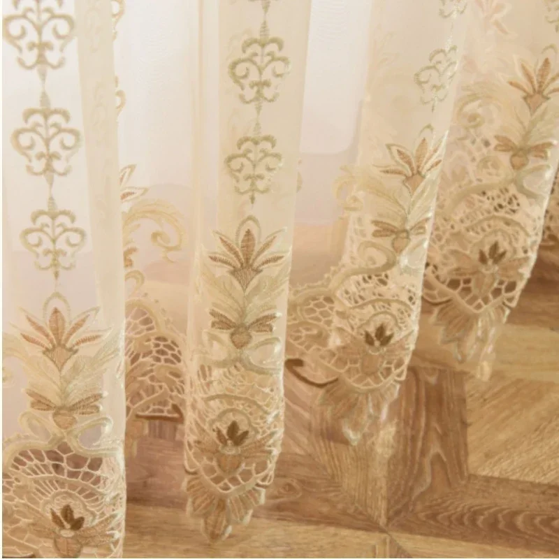 

European Luxury Hollow Embroidery Beige Tulle Sheer Curtains for Living Room Bedroom Dining Thicken Window Decor Custom Thicken