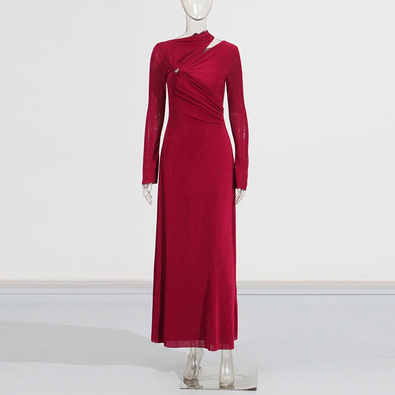 TWOTWINSTYLE Solid Spliced Folds Elegant Dresses For Women O Neck Long Sleeve High Waist Slimmming Chic Temperament Dress Female