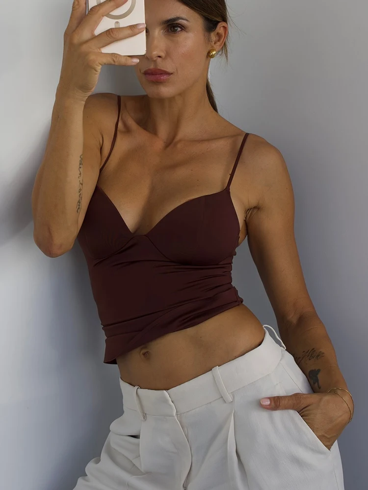 HXAO Damskie Top Korsetowy Krótki Top Bez Rękawów Czarny Brązowy Top na Ramiączkach Camisole Obcisły Bez Pleców Seksowny Top Bustier — zdjęcie 2