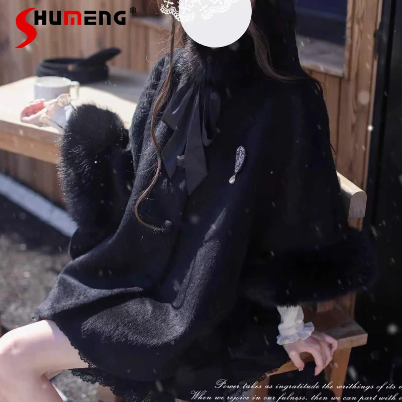 

Japanese Style Original Black Lace Autumn Winter Woolen Cloak Coat Versatile Lolita Single-Breasted Long-sleeves Sweet Y2k Cape