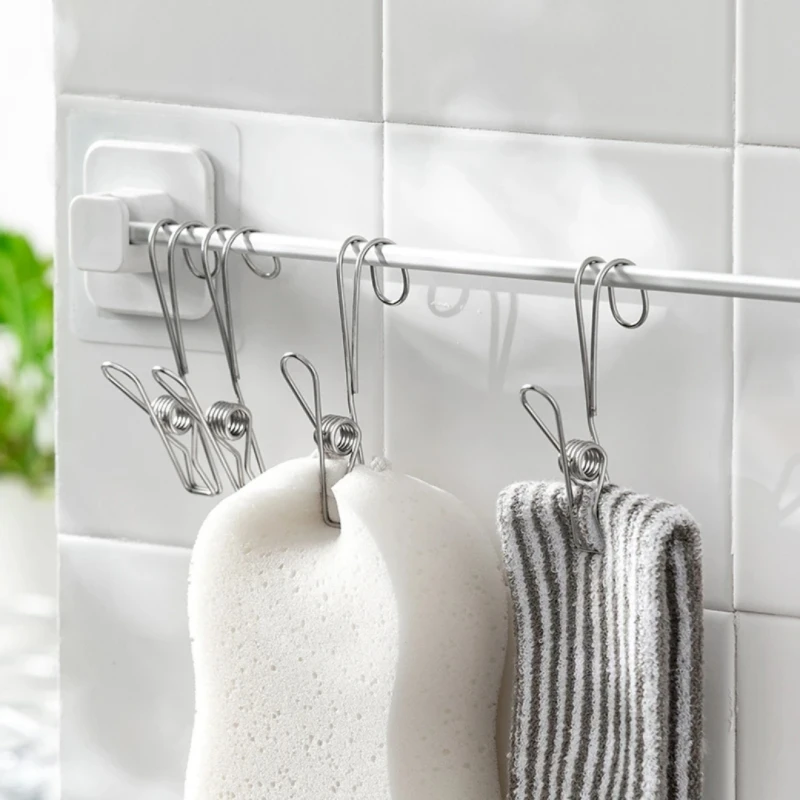 

10 шт. зажимов для одежды из нержавеющей стали с крючками, металлические пружинные зажимы с крючками, универсальные подвесные зажимы для офисов, кухонь, ванных комнат