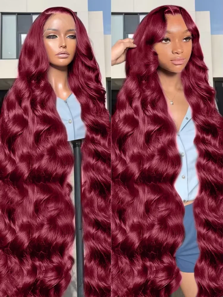 13x4 Body Wave 99J Burgundy 250 Density Lace Front Wig For Women Red Wine Color 30 Inch Peruvian HD Lace Frontal Human Hair Wigs image 2