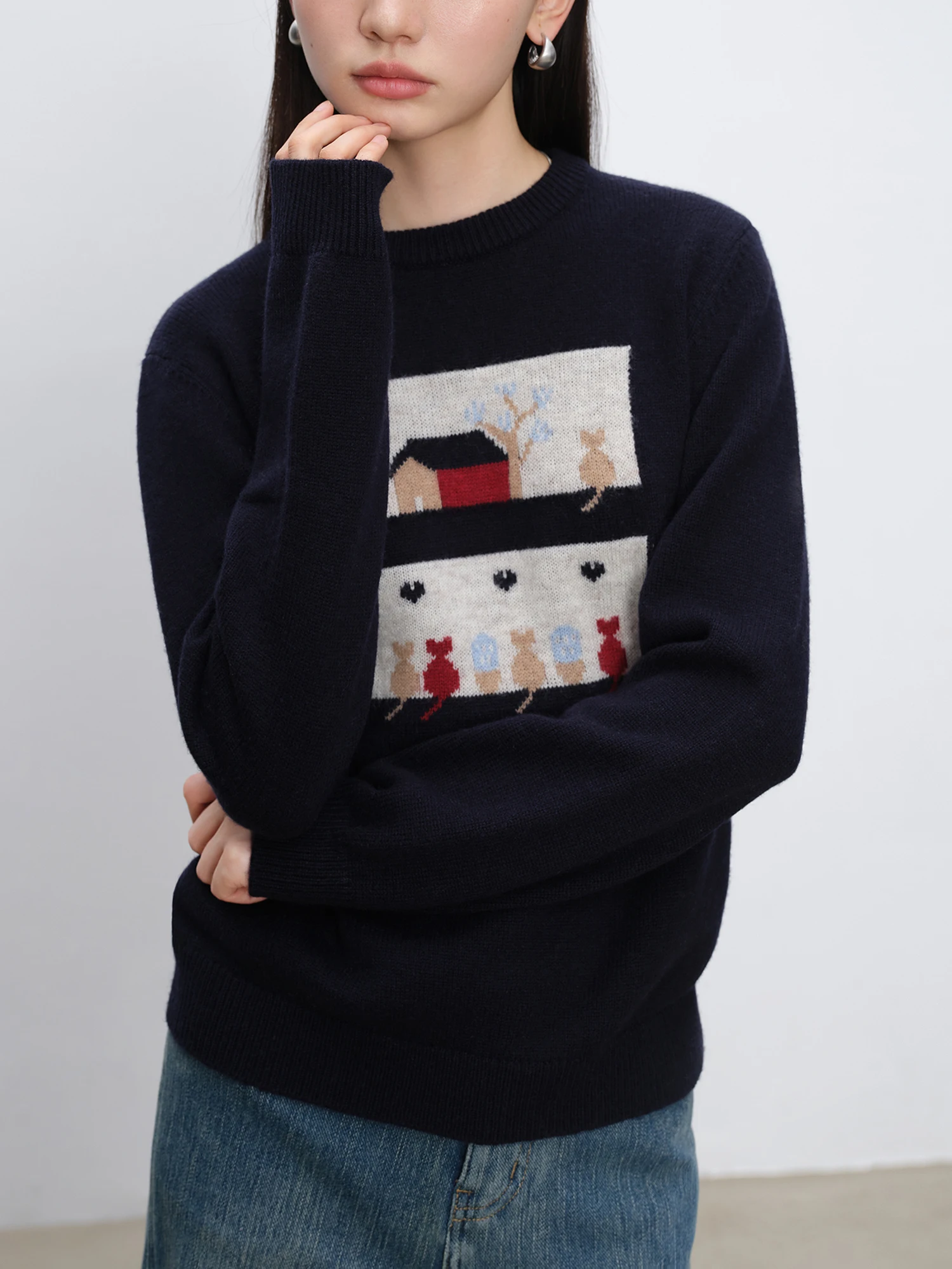 ZIQIAO 30.7% Wool Women Navy Blue Pullover Sweaters Print Patchwork Design Female Winter Round Neck Knitted Tops 24ZQ94141