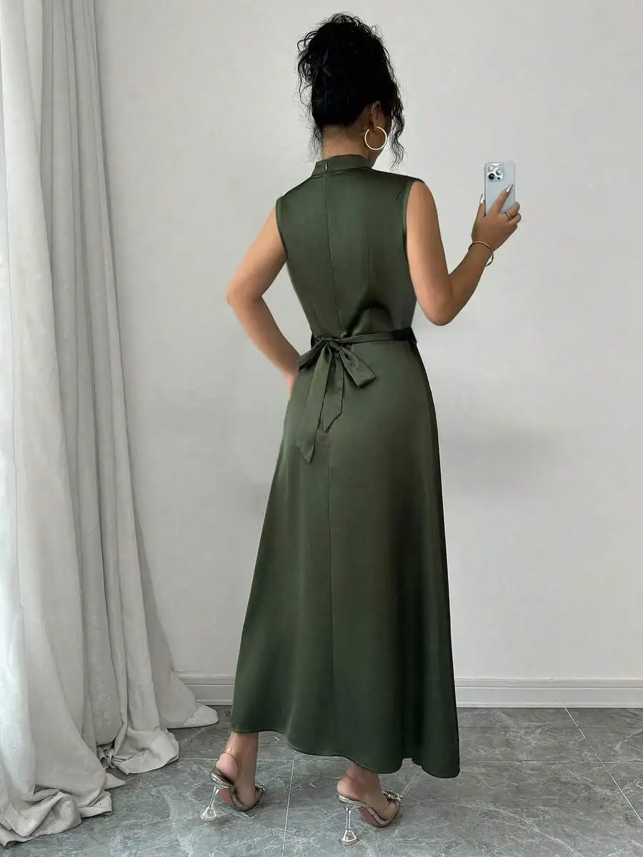 Elegant Sleeveless High Neck Satin Long Dress With Draped Bust And Fitted Waist Sage Green view 5