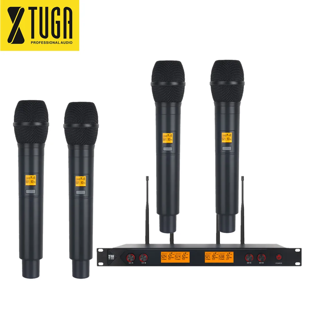 

XTUGA Top Sale A400 Professional 4 Studio Karaoke Uhf Wireless Microphone Handheld Microphone 60M for Church Conference