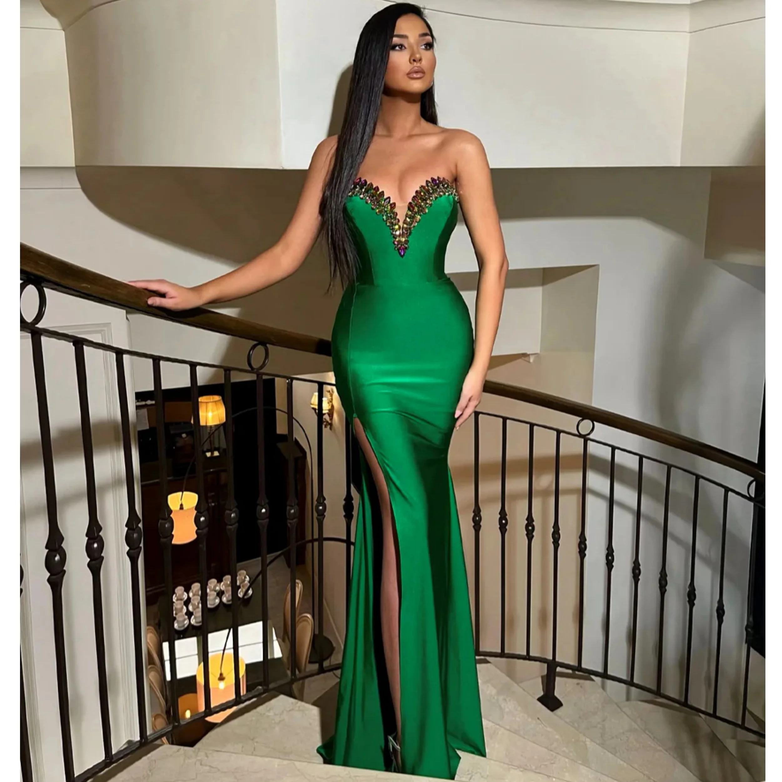 シンプルなグリーンマーメイドイブニングドレスステイン恋人ビーズフォーマル Vestidos de Gala カスタマイズされたハイスリットローブデフィエスタ