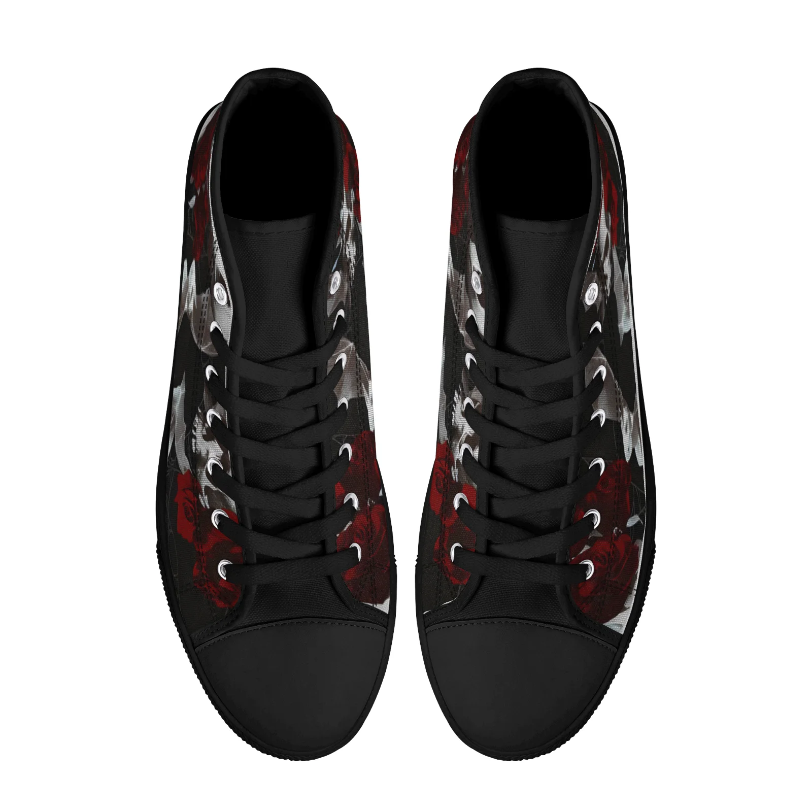 รองเท้าผ้าใบแบบหุ้มข้อสูงลายหัวกะโหลกสไตล์โกธิคสำหรับผู้ชายและผู้หญิง รองเท้าแบบวัลคาไนซ์ รองเท้าผ้าใบแบบแบน