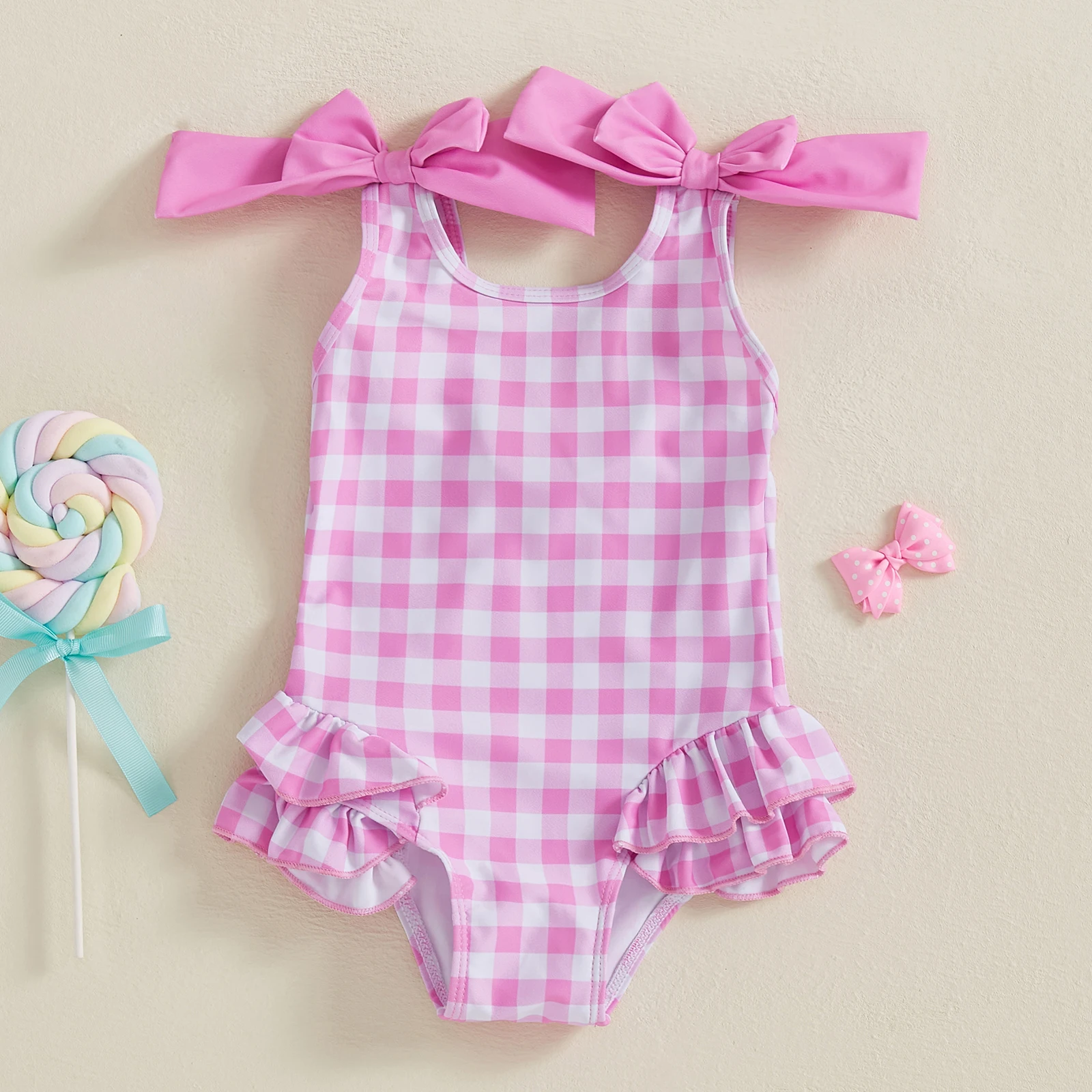 

Cute Swimsuit Romper Plaid Ruffles Two Bowknot Decor Beachwear Sleeveless Summer Beach Bathing Suit for Baby Girls