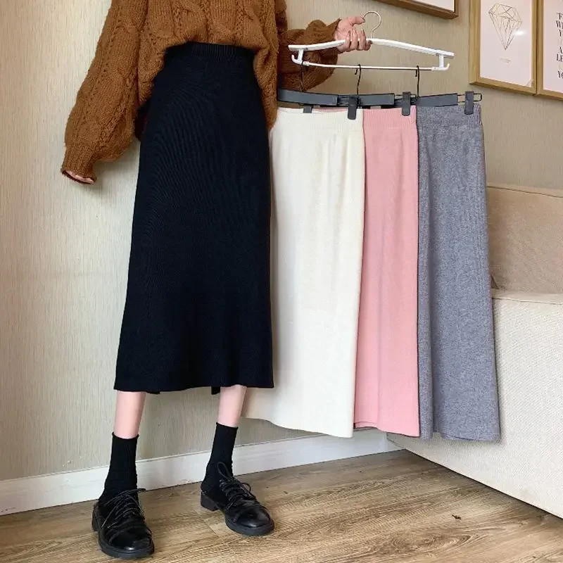 

Basic Spilt Knitted Skirt Women 2023 Autumn Winter Solid Thicken Midi Skirts Ladies Preppy Style High Waist A-Line Skirt