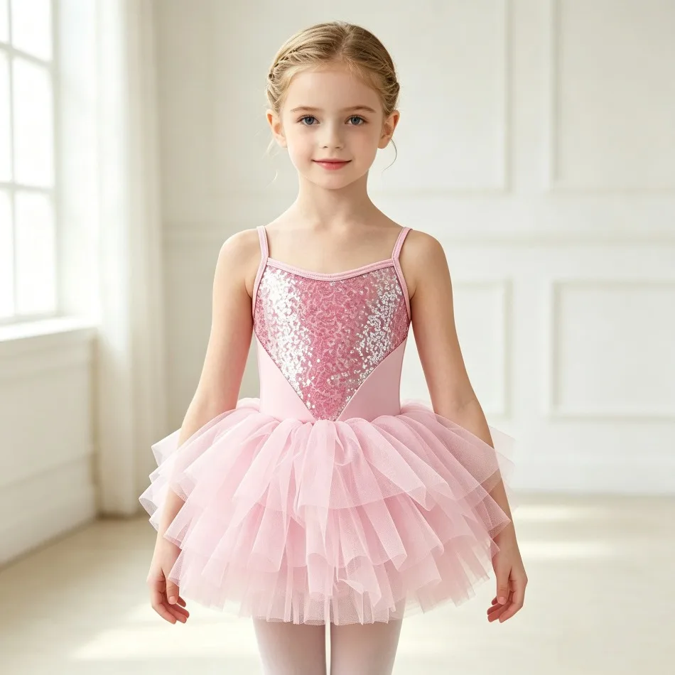 Girls Ballet Dress Sequin Bodice Spaghetti Strap Layered Tulle Skirt Tutu Dance Costume Performance Birthday Party Outfit JY15