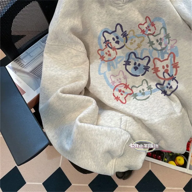 Sudadera con capucha blanca de estilo perezoso coreano para mujer, Linda y divertida sudadera con estampado de gato de dibujos animados para