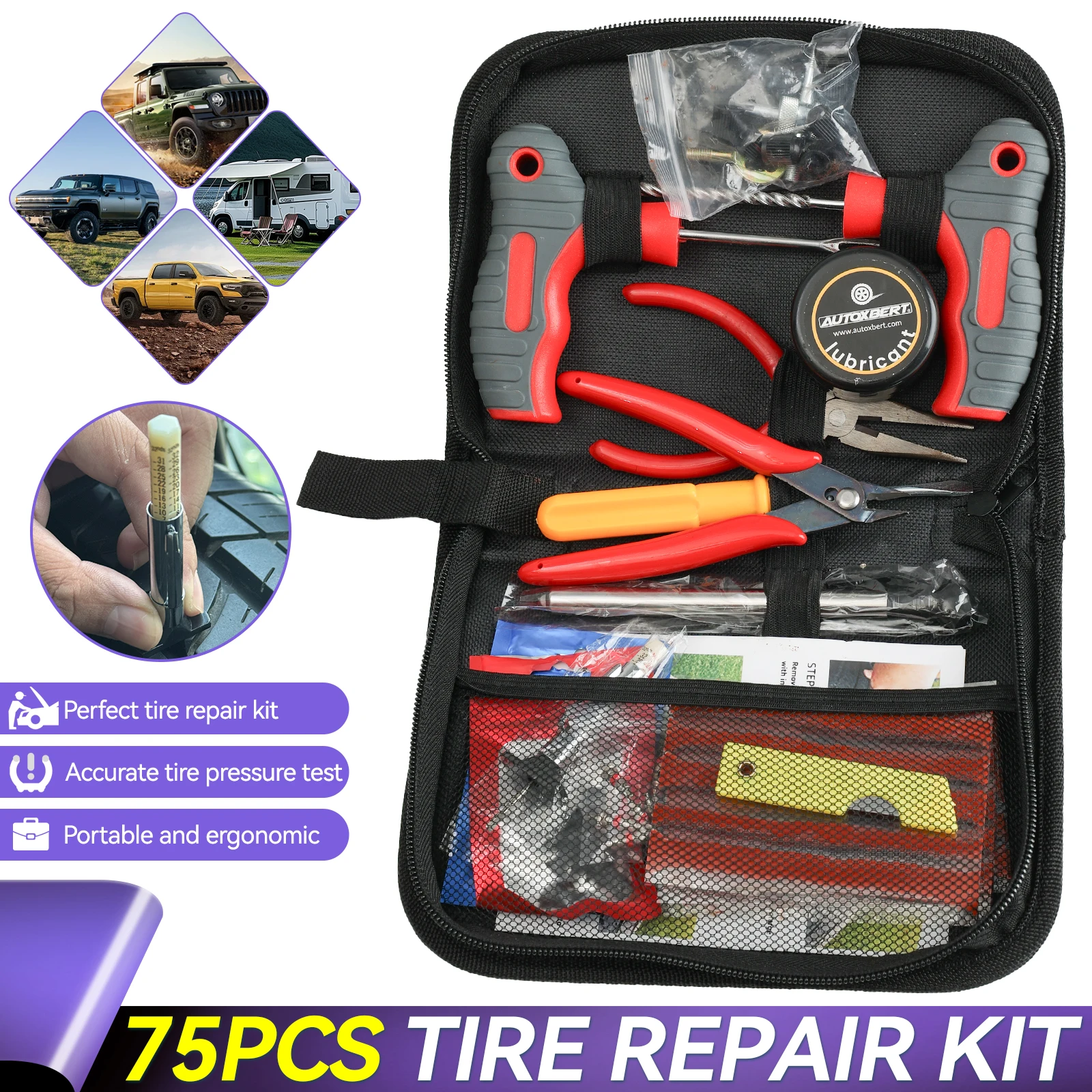 75 Pcs Tire Plug Repair Kit For Car Truck Motorcycle Bike Puncture Fix Tool Set With Insertion Tools & Plugs Tire Rubber Nails