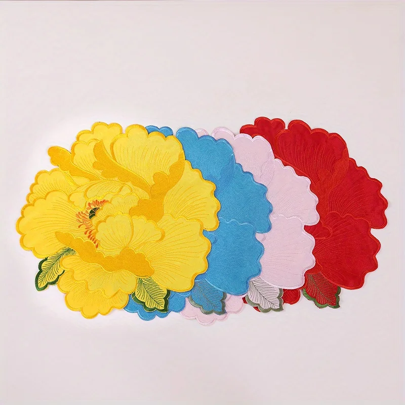 4/2PCS Embroidery Place Mat Peony Flower Plate Blooming Leaf Decorative Placemats Party for Holiday Wedding Dinner Christmas