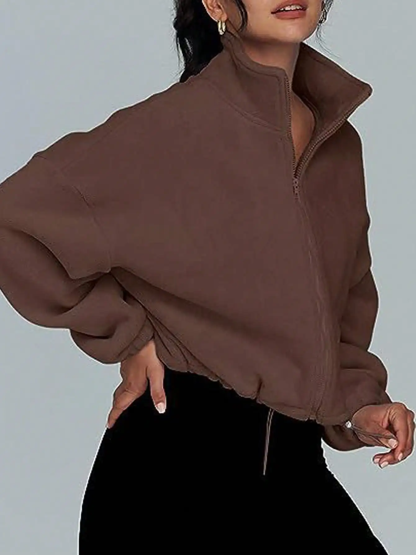 Veste courte en polaire de printemps pour femmes avec fermeture éclair et cordon de serrage