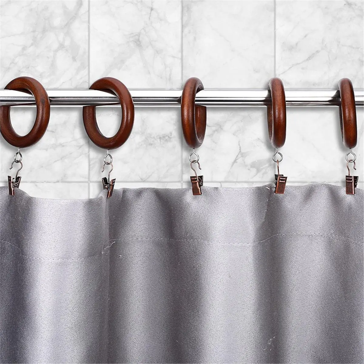 24Pcs Wood Curtain Rings with Clips, 1.7 Inch Inner Diameter, Rustic Farmhouse Curtain Hardware