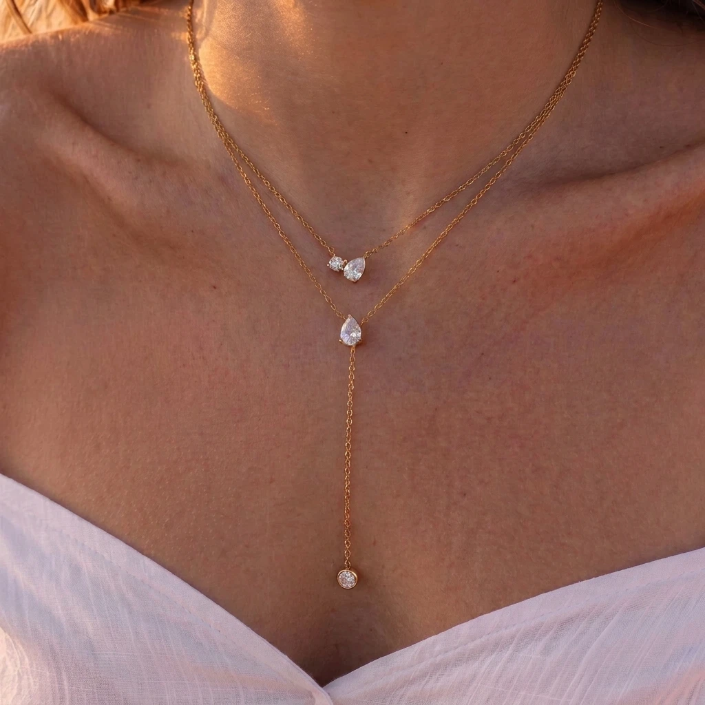 Kubisches Zirkonia Edelstahl Mehrschichtige Y-Halskette für Damen, Wasserfest, Anlaufgeschützt, Vergoldet, Doppelkette, Party-Schmuck, Geschenk – Detail 5