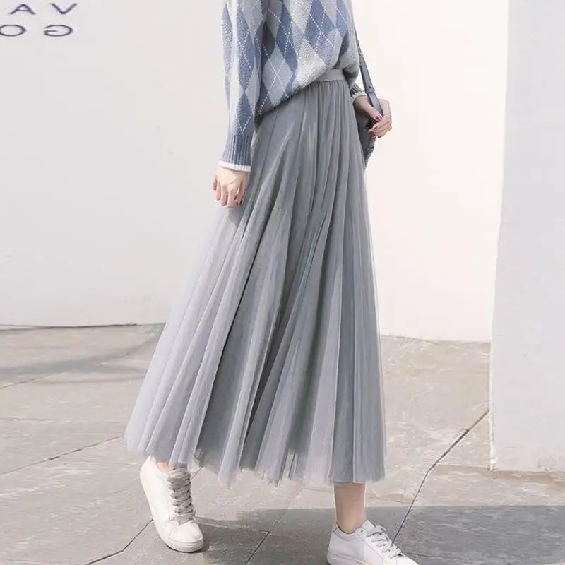 伸縮性ウエスト 3 層メッシュロングスカートエレガントヴィンテージハイウエストボールガウンガーゼチュチュスカート女性ファルダス