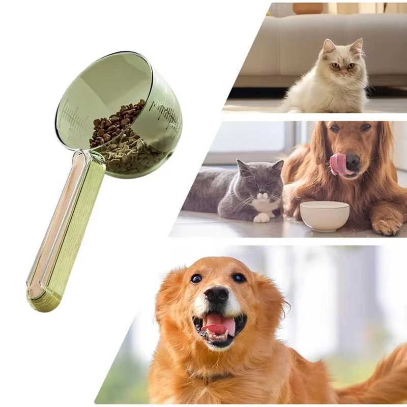 Copo de medição para animais de estimação, com clipe de vedação, design para cães e gatos, colheres de alimentos secos ou molhados, cabo de madeira, escala de precisão, suprimentos para animais de estimação