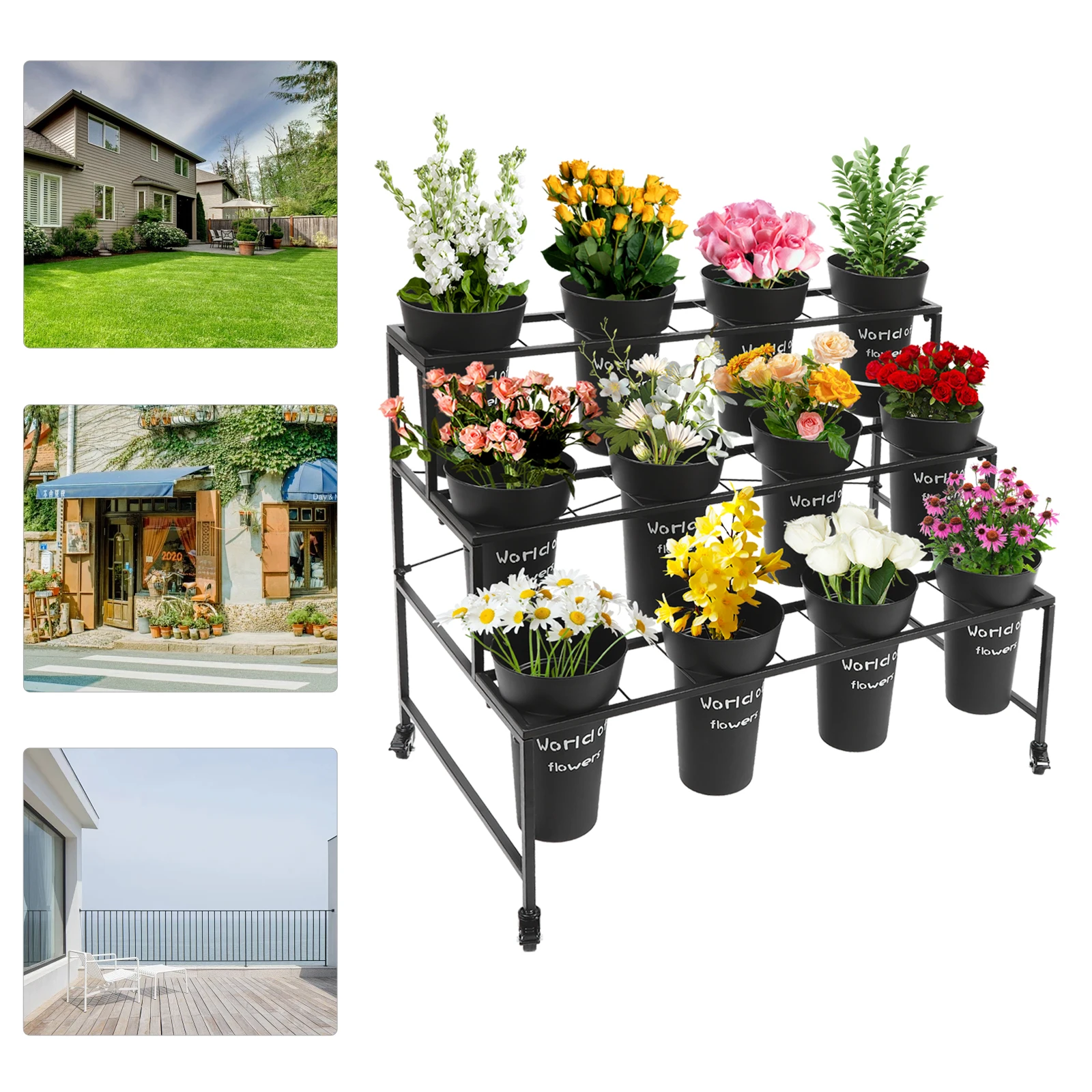 

3 Tiers Plant Stand with Wheels & Buckets Flower Display Stand Moving Plant Cart Shelf Reinforced Bucket Rim 25kg Load Capacity for Homes/Gardens/Florists/Clubs