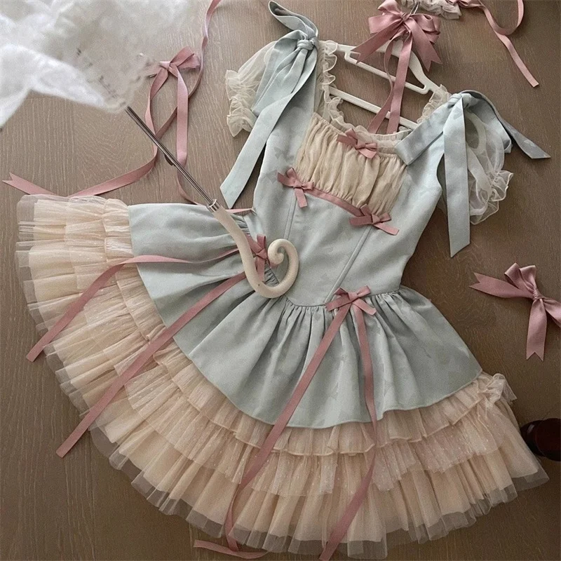 Robe Lolita en Satin élégante, col carré, volants, nœud, gâteau, bretelles, été, douce fille, manches courtes bouffantes, polyvalente, haut réducteur d'âge