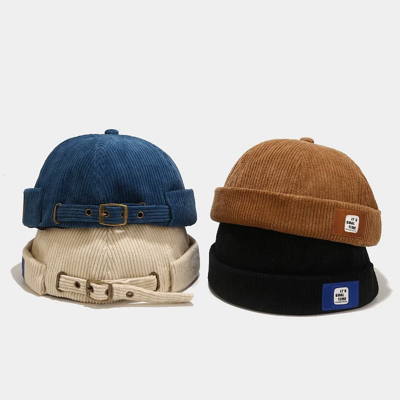 Retro Corduroy Skullcap for Men & Women – Korean Hip-Hop Yuppie Hat with Letter Print, Autumn Street Cap