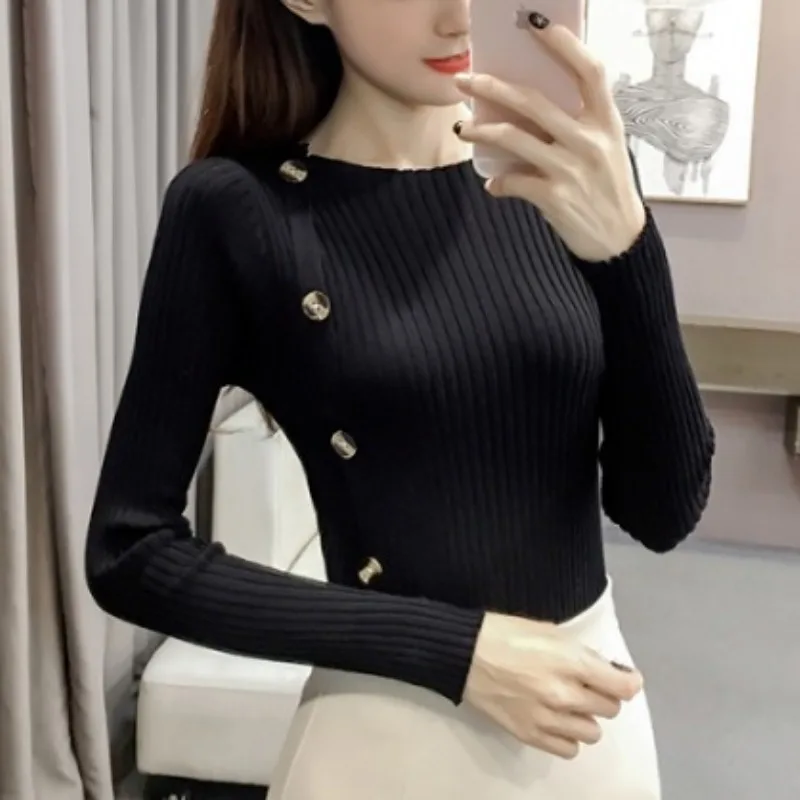 Autumn and Winter Women\'s Half High Collar Long Sleeve Slim Knitted Pullover Underlay All-match Fashion Casual Office Lady Tops