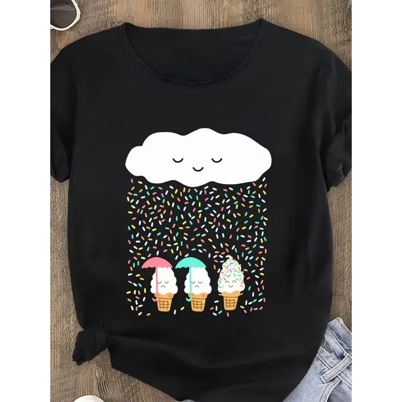 Cute Cloud Sprinkling Ice Cream Graphic T-Shirt Funny Dessert with Umbrella Print Casual Short Sleeve Loose Fit Crew Neck Top