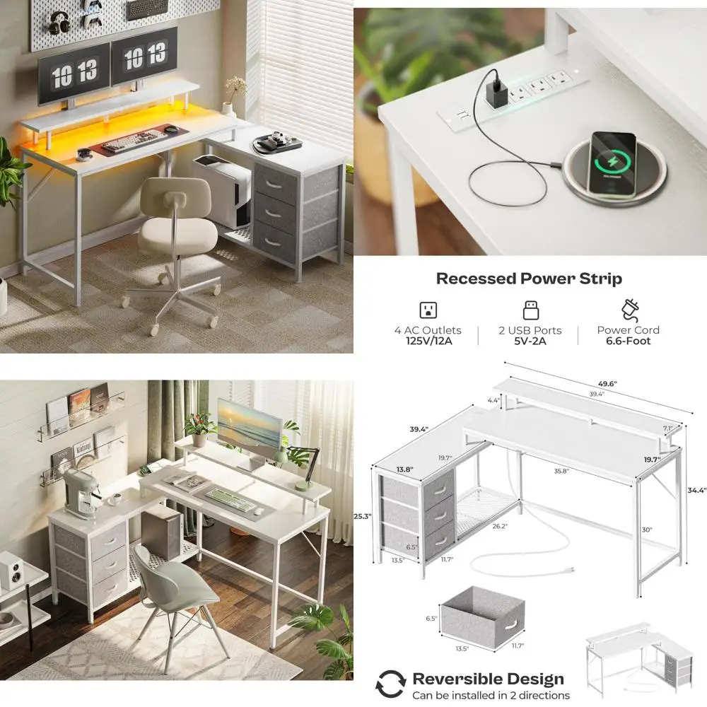 

LED-lit, Reversible L-Shaped Gaming and Office Desk with Storage and Power Outlets