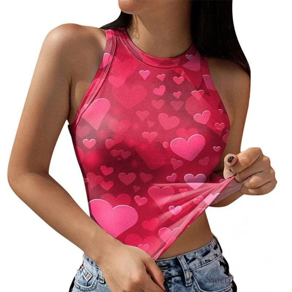 Modisches Herzmuster, sexy, bauchfreies, ärmelloses Damen-Top, Street-Harajuku-Stil, bequemer Rundhalsausschnitt, Damen-Sport-Tanktops – Detail 5