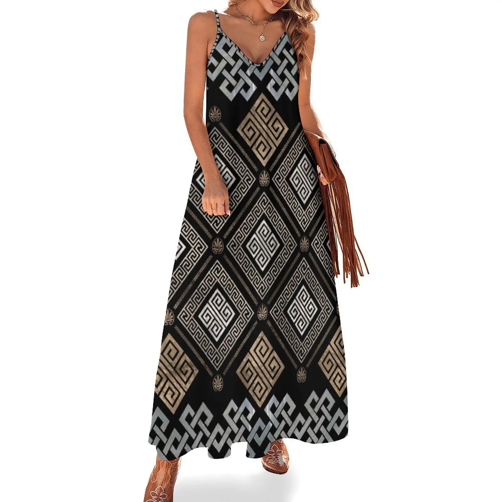 Greek Meander Key Ornament Black and gold Sleeveless Long Dress women's summer clothing 2025 dress Dress