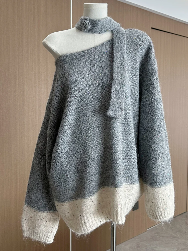 Winter Women Long Sleeve Oversize Pullovers Sweater With Scarf Cuddly Knitwear Patchwork 2000s Korean Fashion Shoujo Girl Thick