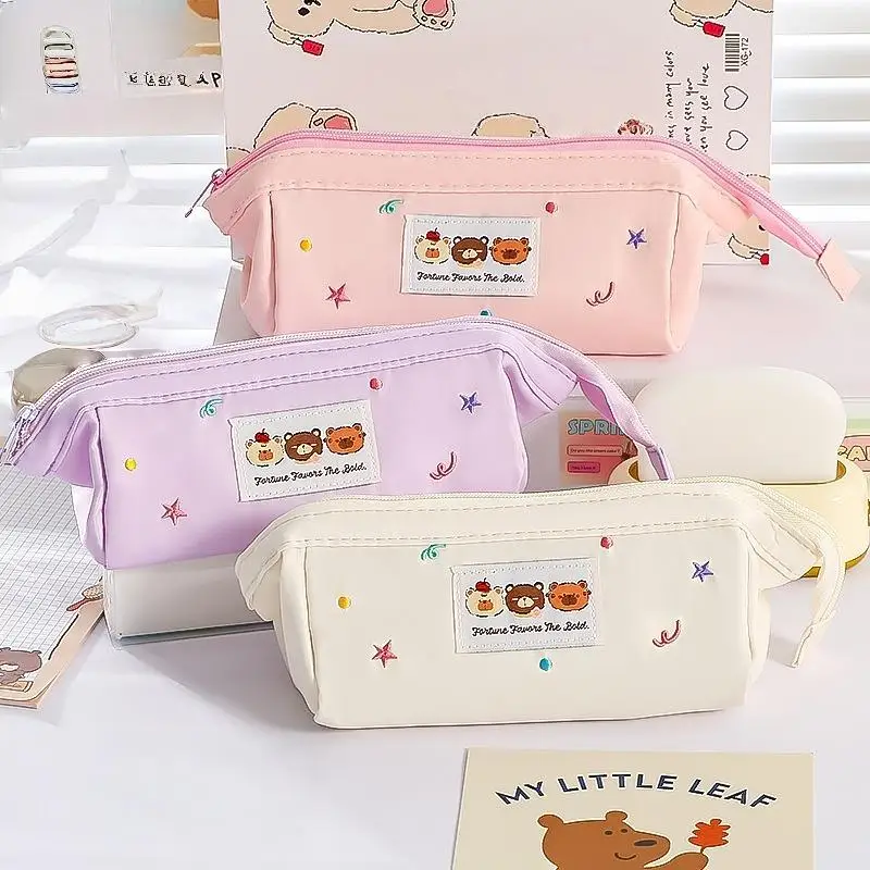 Adorable estuche para lápices con diseño de oso, suministros de oficina escolares de gran tamaño