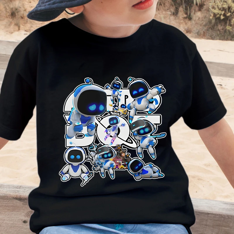 New Boys Girls T-Shirts Astros Playroom Cartoon Print Children's Clothing Casual Creative Game Robot Kids Crew Neck Tops Tees