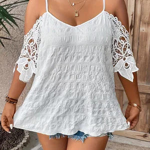 Plus Size Sommer weiblich elegant aus Schulterblauen Casual Hemd Mode losen Spitzenklappen fester sexy Ausschnitt in V -Tops 10 Hauptverkäufe Black Plus Size Bluse - №6