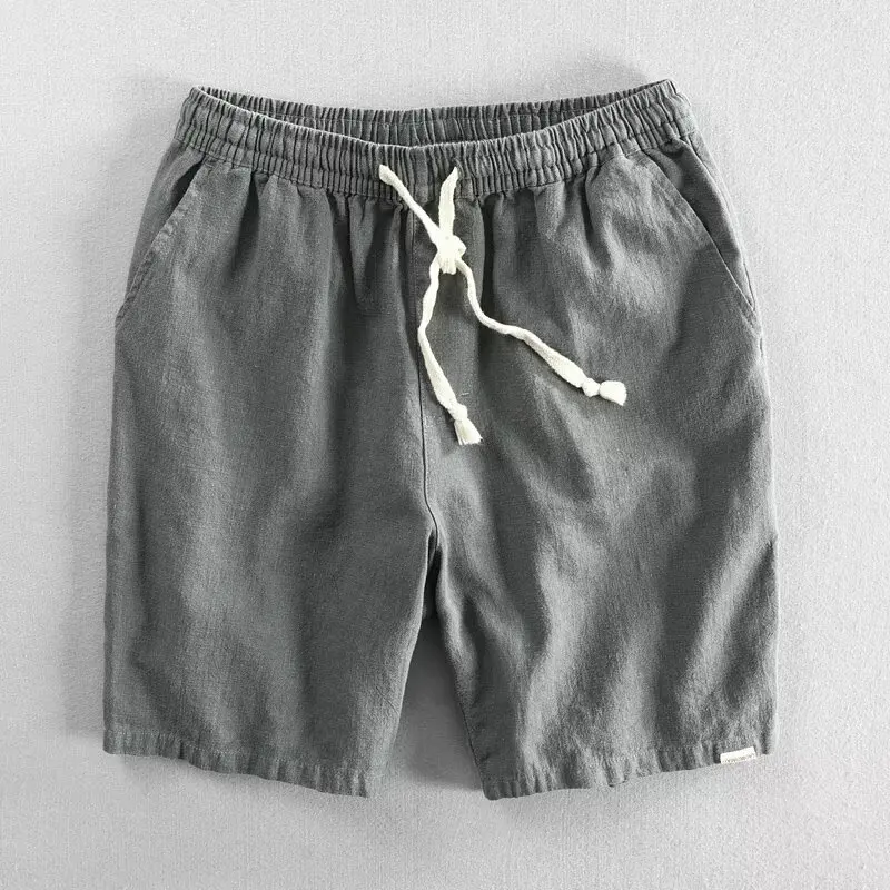 2025 Summer Men Casual Cotton Linen Shorts Knee Length Beach Elastic Waist Shorts Solid Color Comfortable Pants New