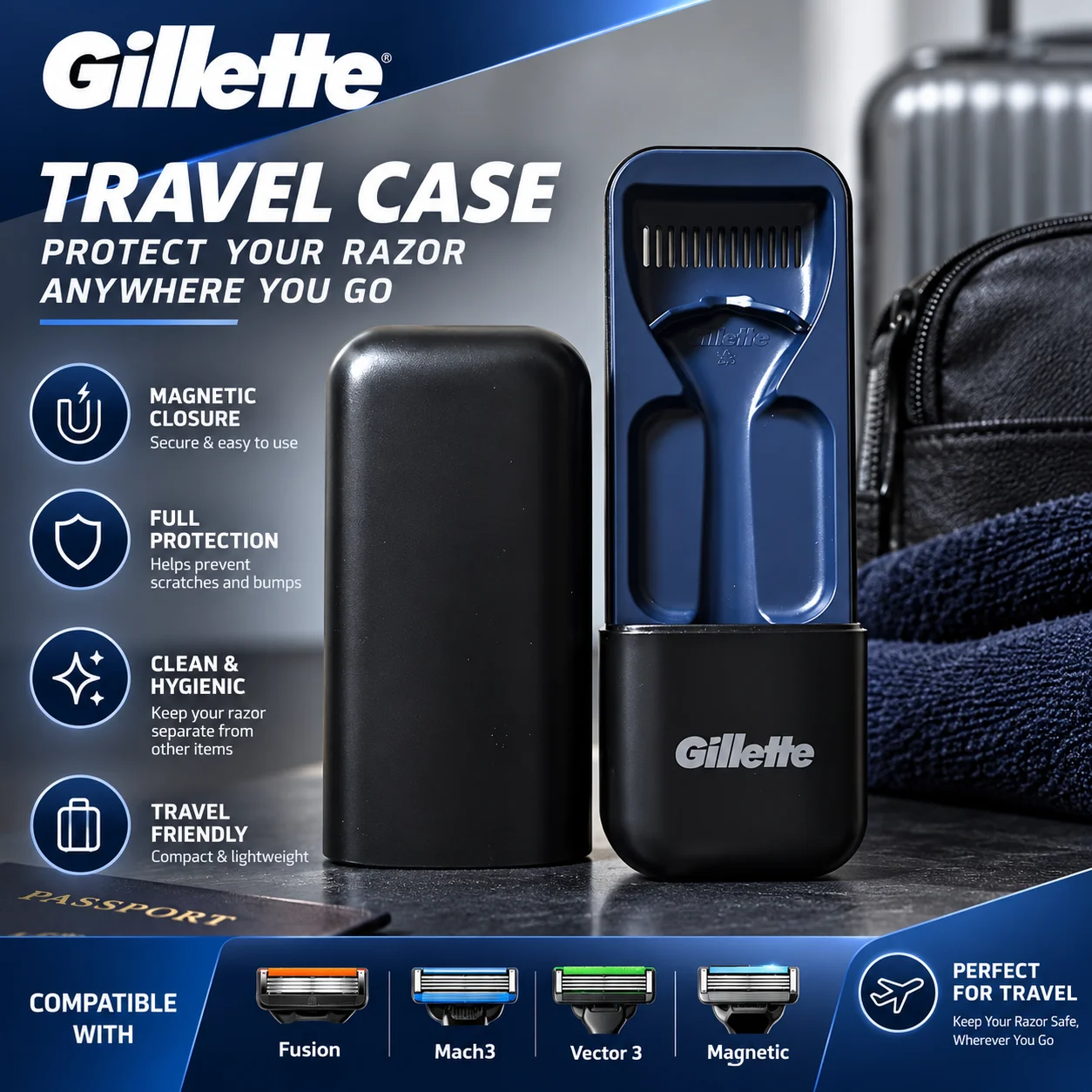 Gillette Marken-Rasierer-Etui, schwarzes magnetisches Reiseetui, kompatibel mit Fusion/Magnetic/Match/Vector 3 Serie