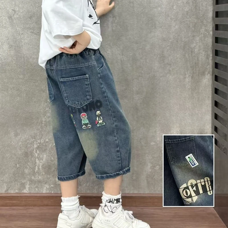 New Summer Kids Loose Straight Jeans Capris Pants for Teenage Boys Casual Mid-Calf Denim Shorts with Pocket for Tweens Child