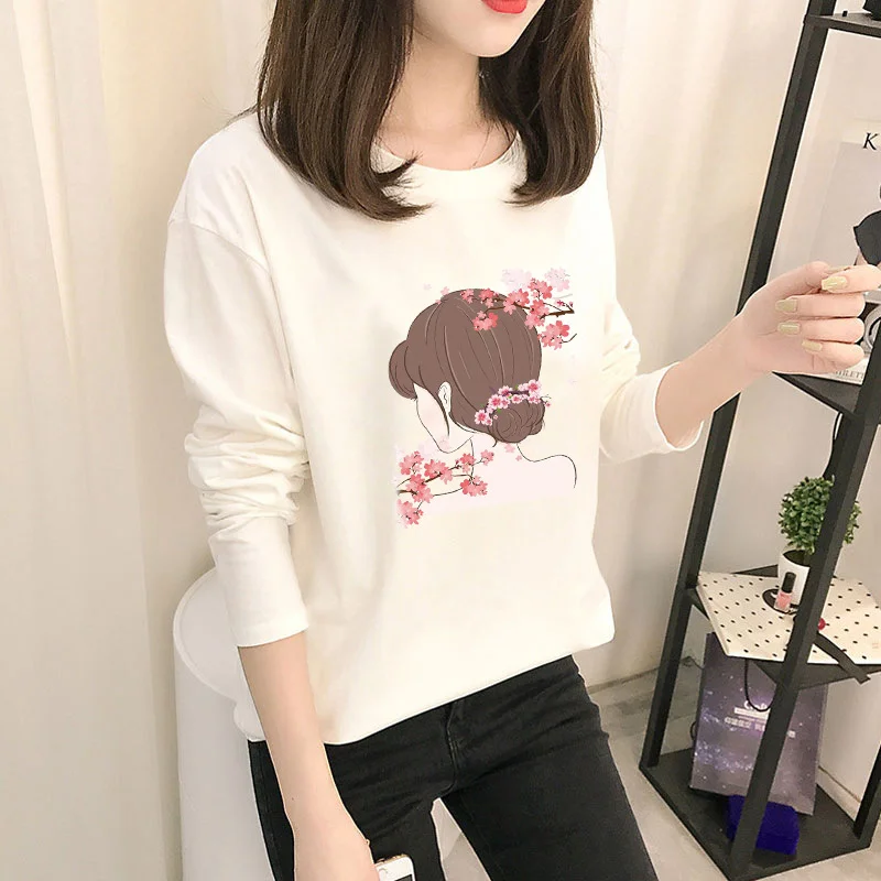 Spring Autumn Women Long Sleeve T-shirt Student Top Round Neck Body Shirt Loose Style Polyester Fabric Comfortable Casual Style