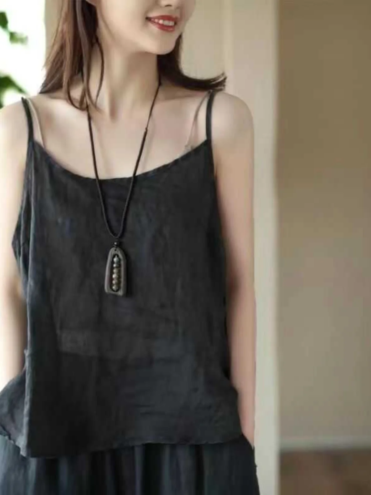 Summer Special Offer Linen Base Tank Top Women's Small Strap Loose Sleeveless Top Backless Splice Commute Style Pure Color