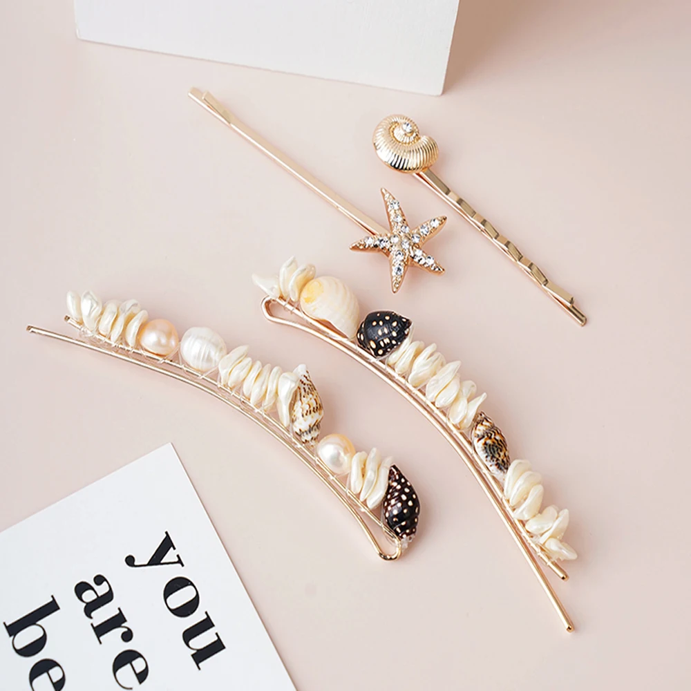 

4 Pack/Set Korean Fashion Shell Hair Clips Set For Women Elegant Pearls Crystal Beach Style Hair Accessories Pins Jewelry 2023