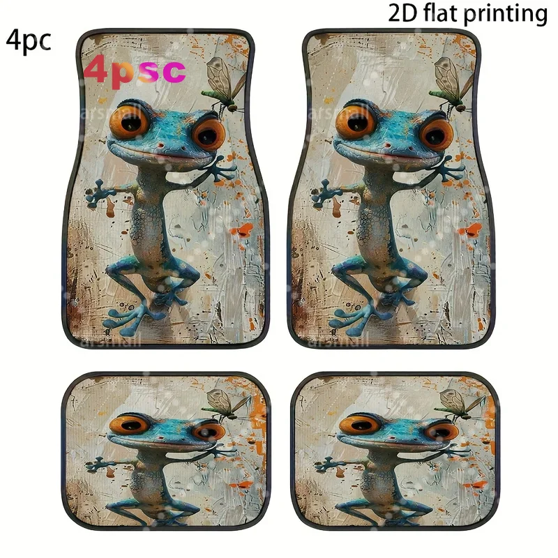 4pcs Car Floor Mats, Cartoon Frog And Dragonfly Abstract Design, Universal Car Mats, Made Of Polyester Fiber, Automotive Decorat