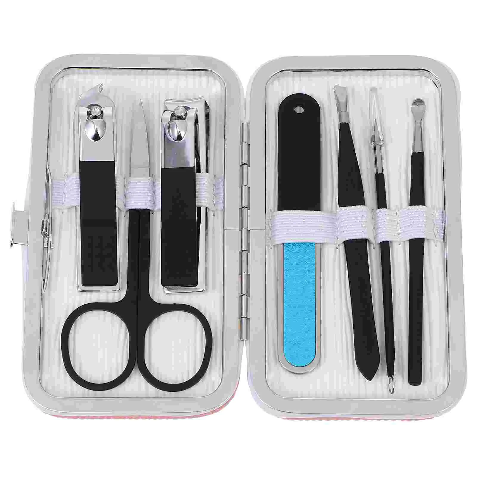 7 Pcs Manicure Tools Hand Care Professional Nail Eyebrow Grooming Trimmer Trimming Set Clippers Travel Stainless Steel Pu Kit