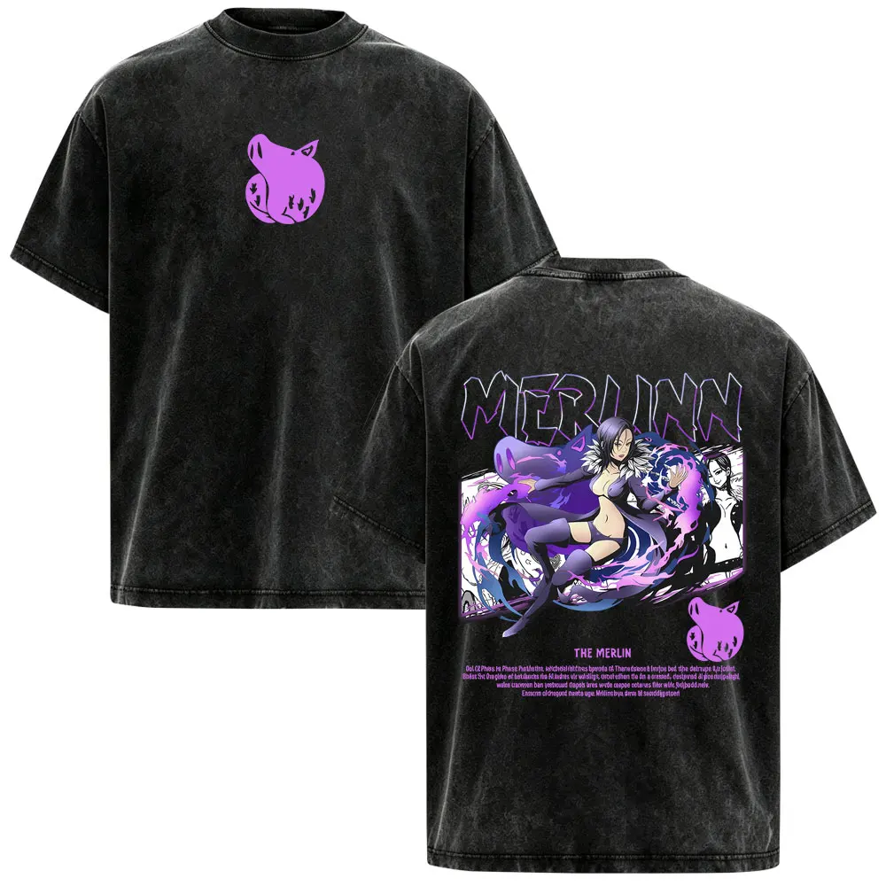 Anime The Seven Deadly Sins Merlin Vintage Washed T Shirts Men's Women Clothing Fashion Casual Short Sleeve Oversized T-shirts