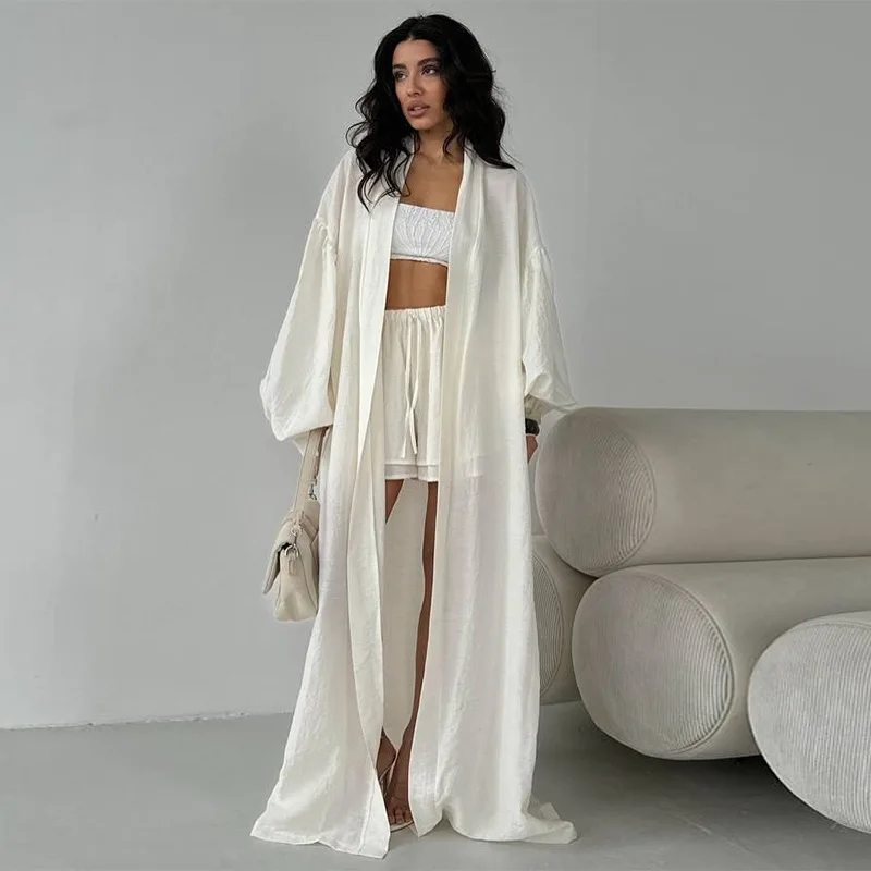 

Women Two Pieces Sets Lantern Sleeve Long Cardigan+Wide Leg Shorts Solid Color Outfits 2025 Summer Lady Elegant Clothing Suits