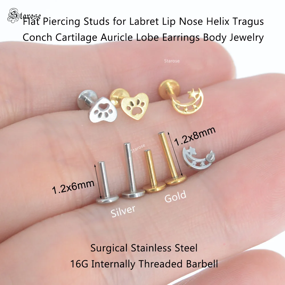 Coração Lua Labret Piercing Jóias, Lip Nariz Stud, Brinco de cartilagem, Tragus Helix, 16g, 1.2x, 6, 8mm, 1Pc