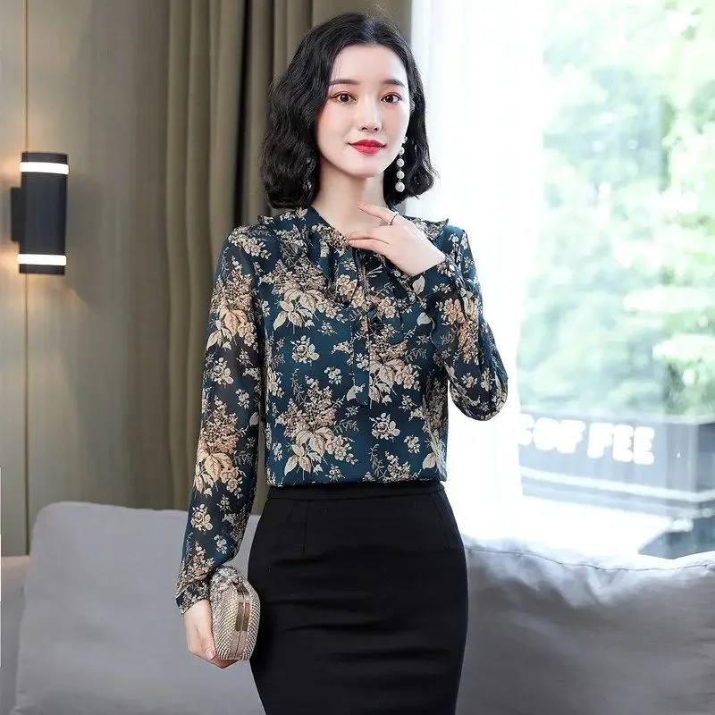 Floral Chiffon Blouse Spring Autumn New Long Sleeve Lacing Printing Plus Size Office Shirt Tops Vintage Elegant Women Clothing