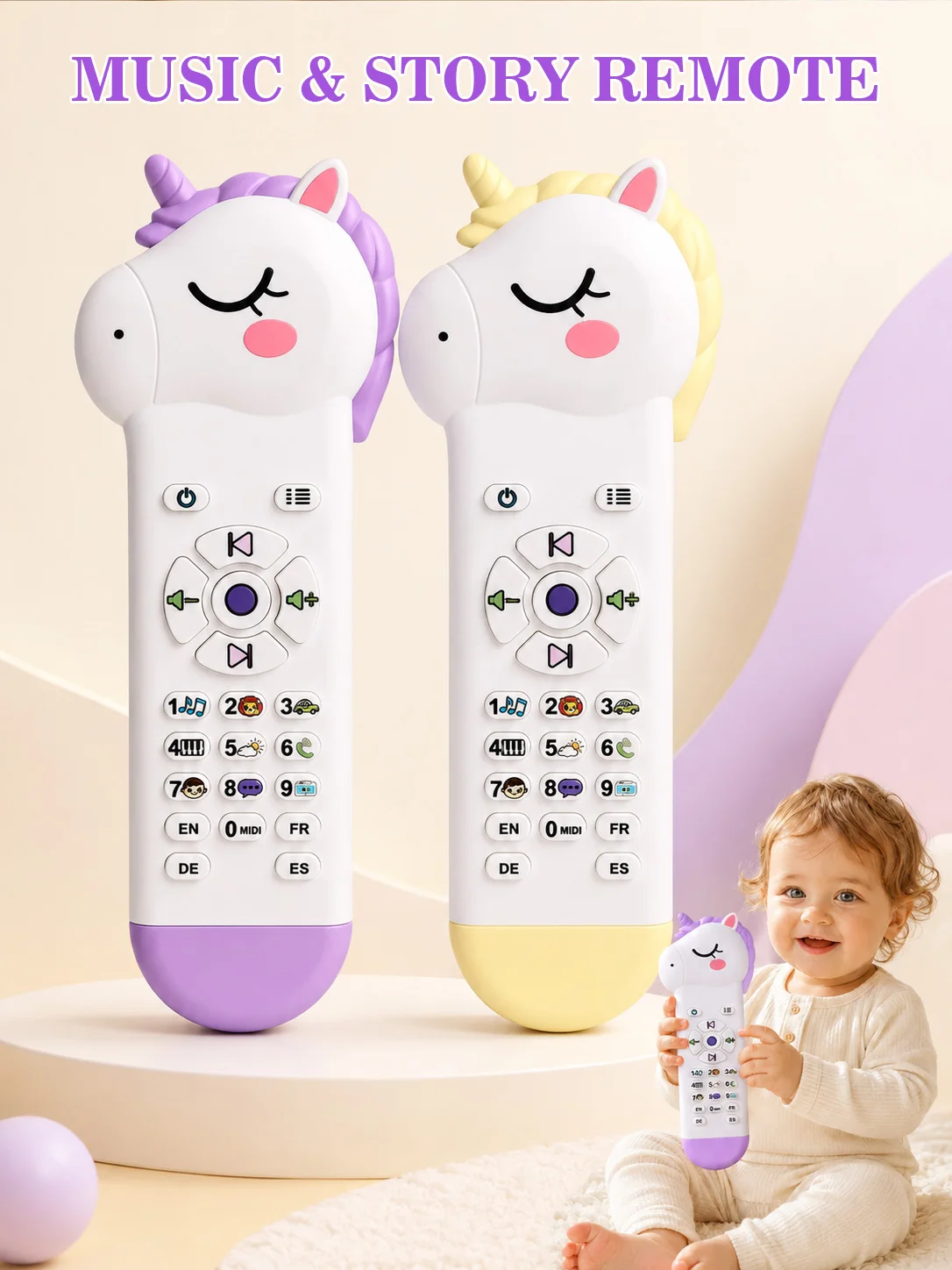 Unicorn baby Remote Control Toy, Phone with Music, Early Education Toy, Pretend Remote, 4 Languages, Suitable for Infants