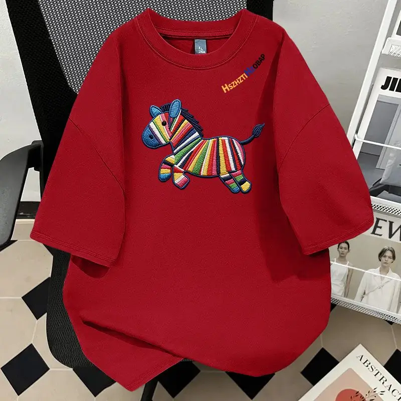 

Large Size 300 Pounds Embroidered Print Short Sleeve T-Shirt Pure Cotton Unisex Spring New Style Casual Fashion Top