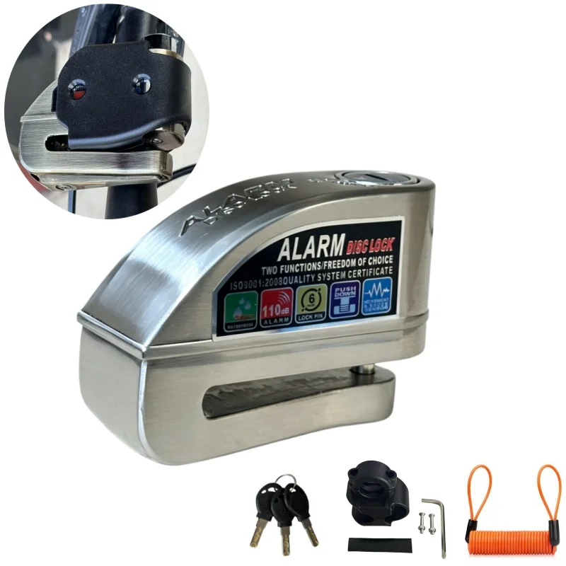 

Waterproof Aluminum Alarm Disc Lock 110dB Anti-Theft Security for Motorcycle Bicycle Scooter with Lock Rack And Reminder Rope